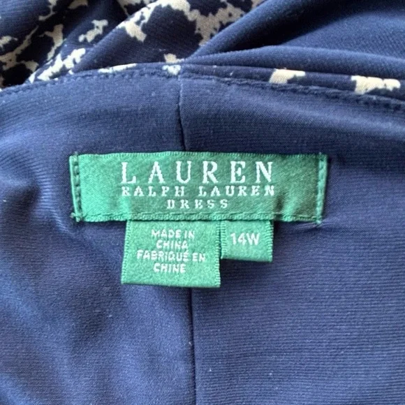 Lauren Ralph Lauren Navy Blue and Cream Ruched Long Sleeve Dress - Picture 3 of 7